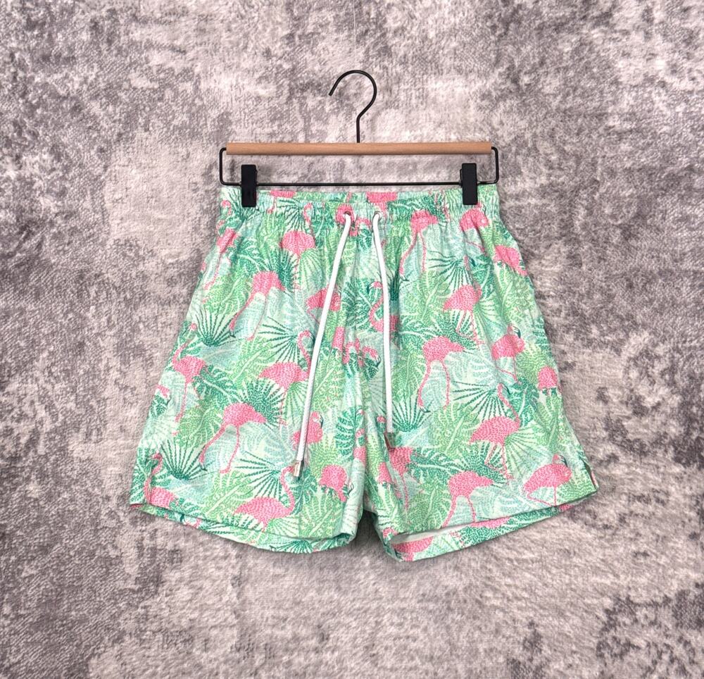 Kenny Flowers Swim Trunks Shorts Medium Mens Green & Pink Flamingo